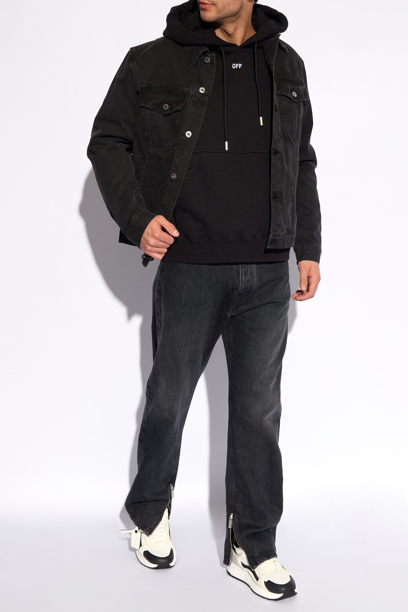 Black denim jacket with white outlet hoodie